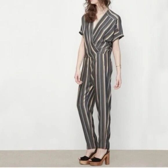 Maje Gray Pandora Striped Jacquard Short Sleeve Jumpsuit - Size 2 - Picture 3 of 16